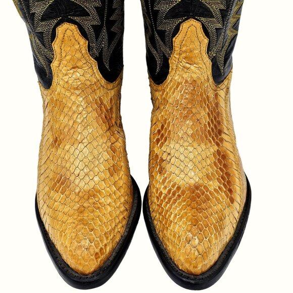 Vintage Tony Lama Exotic Yellow Black Python Snake Cowboy Boots Womens 5 Western - Picture 1 of 15
